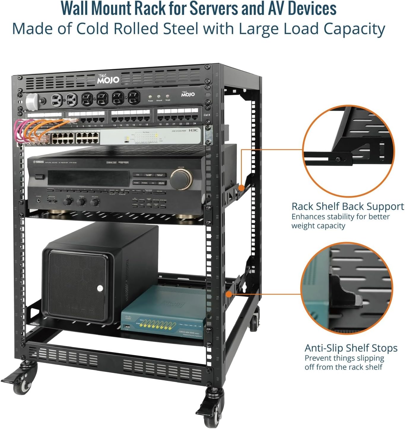 Tecmojo 12U Open Frame Network Rack, 19" Compatible, Floor Standing and Wall Mountable, with 2x 1U Server Shelf & Mounting Hardware, AV & IT Equipment Rack for for Office/Home