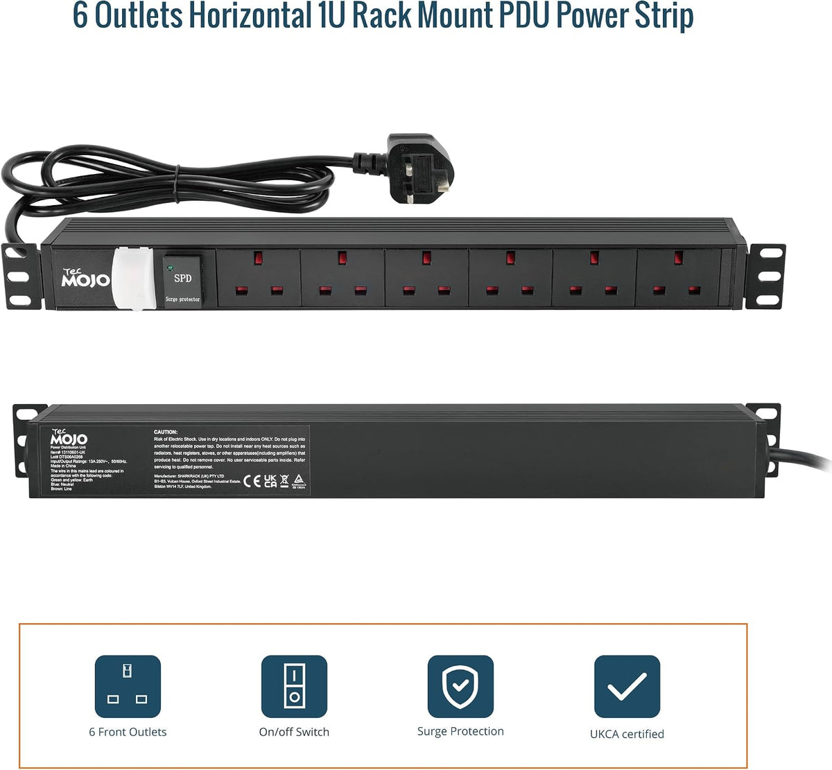 Tecmojo Rack Mount PDU 13A Switched Power distribution Unit, Aluminum Alloy With UK Plug, 2M Cable (3 way 10 inch)