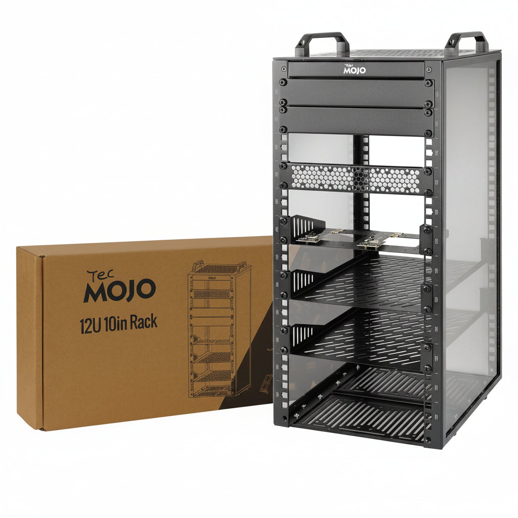 Tecmojo 12U Server Rack, 10 inch Wide 260mm Deep Desktop Rack with Shelf, Micro HDMl to HDMI Adapter Board, Blank Panel for 10 inch Servers, Network, Audio, and Video Equipment, Black