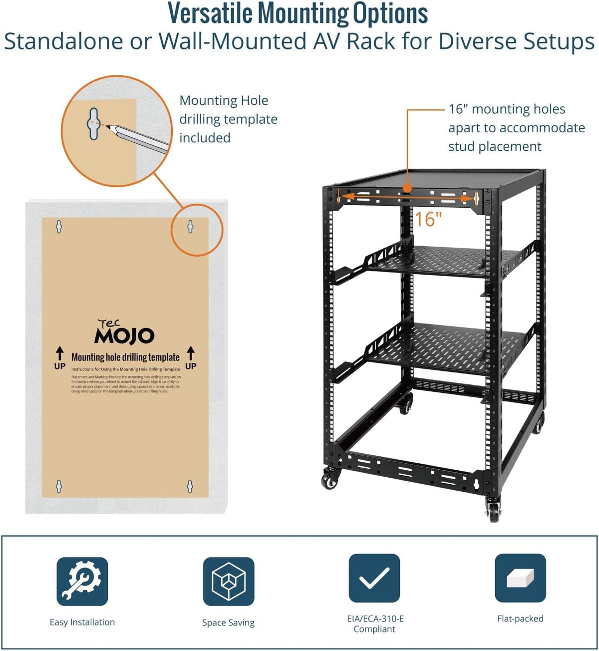 Tecmojo 12U Open Frame Network Rack, 19" Compatible, Floor Standing and Wall Mountable, with 2x 1U Server Shelf & Mounting Hardware, AV & IT Equipment Rack for for Office/Home