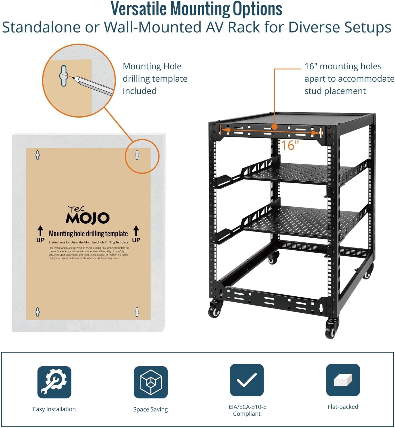 Tecmojo 12U Open Frame Network Rack, 19" Compatible, Floor Standing and Wall Mountable, with 2x 1U Server Shelf & Mounting Hardware, AV & IT Equipment Rack for for Office/Home