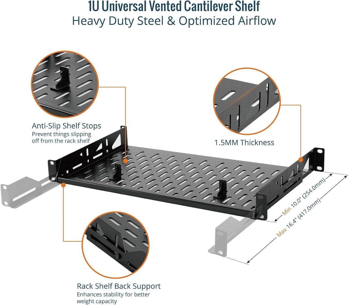 Tecmojo 1U Rack Shelf,19 inch Rack Shelf 8 inch Depth, Rack Mount Shelf, Server Rack Shelf and Network shelf with Anti-Slip Stops, 55lbs(25KG) Capacity of Vented 1U Shelf,No Lip(2 Pack)