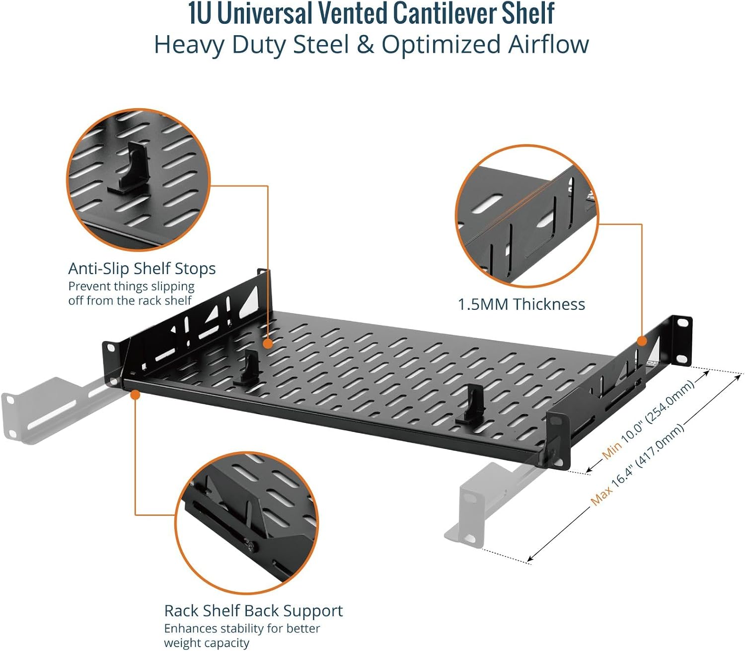Tecmojo 1U Rack Shelf,19 inch Rack Shelf 8 inch Depth, Rack Mount Shelf, Server Rack Shelf and Network shelf with Anti-Slip Stops, 55lbs(25KG) Capacity of Vented 1U Shelf,No Lip(2 Pack)