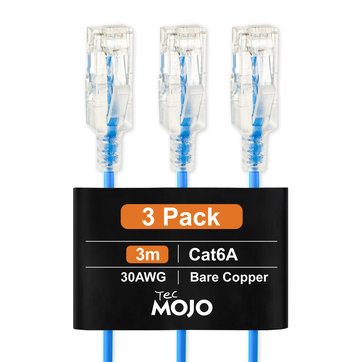 Tecmojo Ultra Slim 3 Pack,3M CAT6A Ethernet Patch Cable,UTP 10 Gigabit LAN Network Cable,30AWG LSZH RJ45 Patch Cord,Black