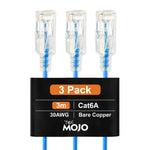 Tecmojo Ultra Slim 3 Pack,3M CAT6A Ethernet Patch Cable,UTP 10 Gigabit LAN Network Cable,30AWG LSZH RJ45 Patch Cord,Black