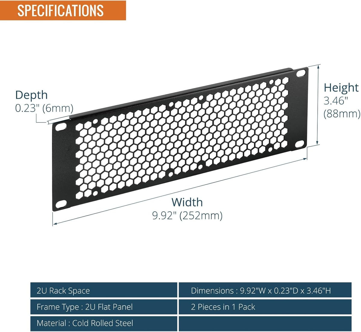 Tecmojo Vented 2U Blank Rack Mount Panel, Steel Patch Panel Filler for 10" Width Server Rack, Network Cabinet, Data Center, Home Labs, Black (2 Pack)