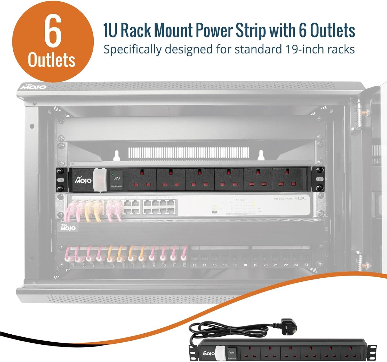 Tecmojo Rack Mount PDU 13A Switched Power distribution Unit, Aluminum Alloy With UK Plug, 2M Cable (3 way 10 inch)