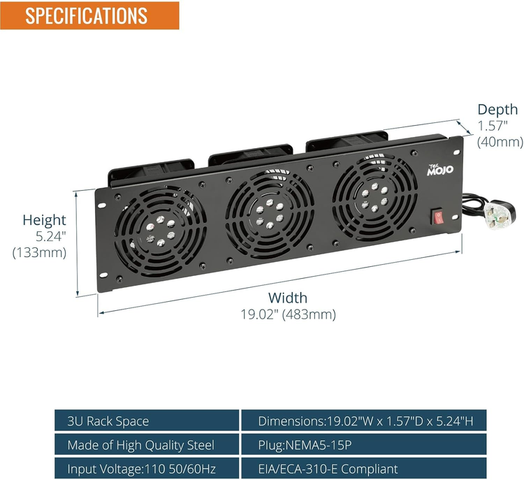 Tecmojo 3U 19'' Rack Mount Fan Panel, with 3 Cabinet Cooling Fans, 6ft Power Cord, Cooling System for 19inch Audio Rack and Server Cabinet (Vertical Mount)