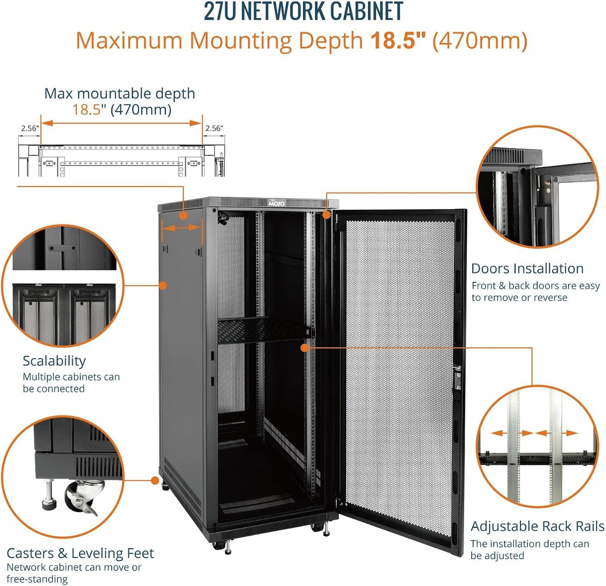 Tecmojo 27U 600 * 600mm 4 Post Free Standing Network Cabinet Data Server Rack, Lockable Glass Door, with Cantilevel Shelf Casters and feets, Disassembled Flat package