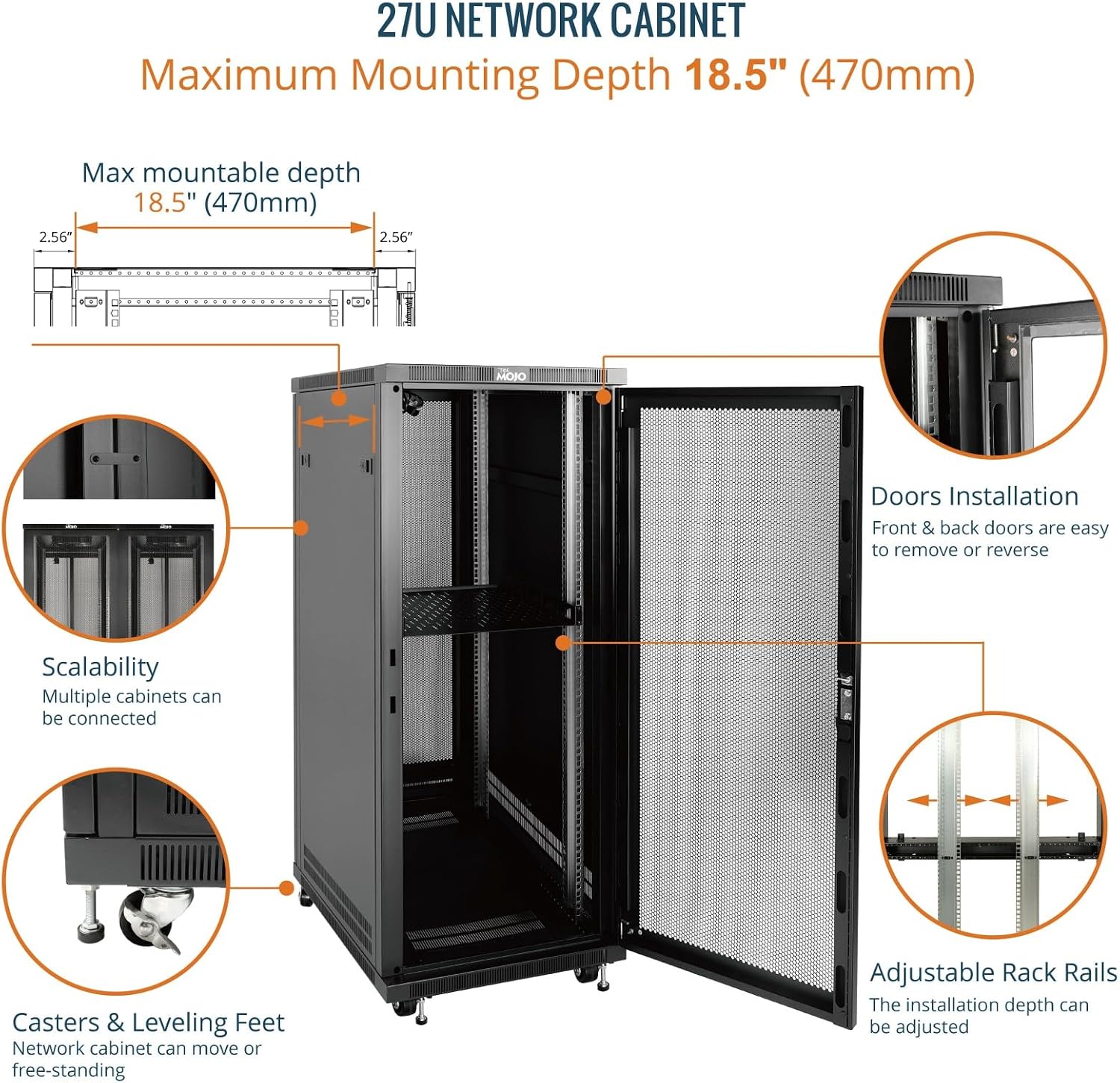Tecmojo 27U 600 * 600mm 4 Post Free Standing Network Cabinet Data Server Rack, Lockable Glass Door, with Cantilevel Shelf Casters and feets, Disassembled Flat package