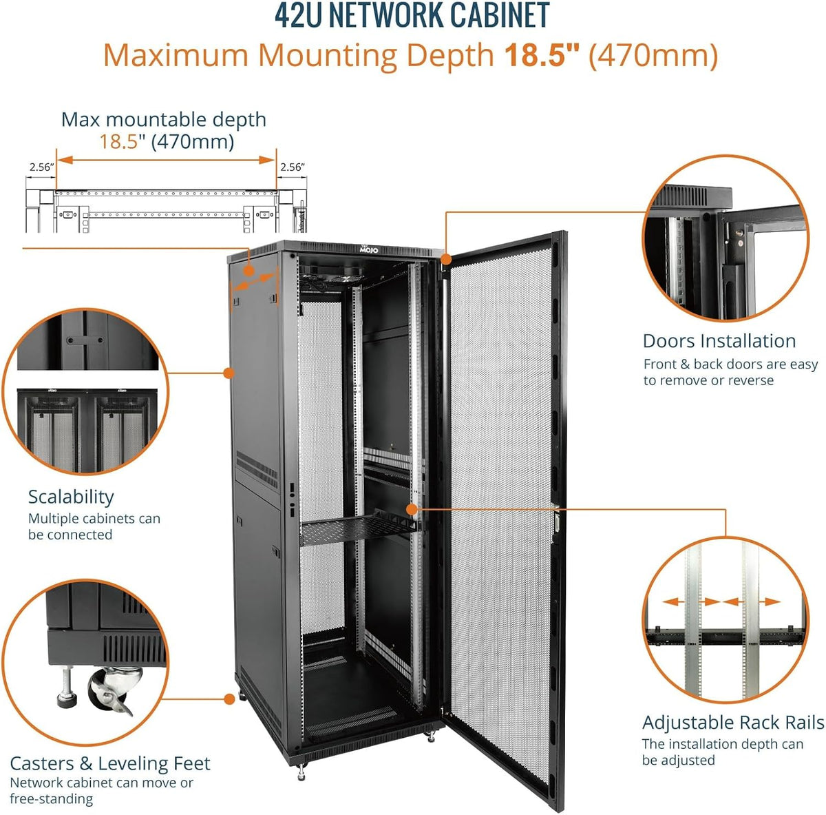 Tecmojo 27U 600 * 600mm 4 Post Free Standing Network Cabinet Data Server Rack, Lockable Glass Door, with Cantilevel Shelf Casters and feets, Disassembled Flat package
