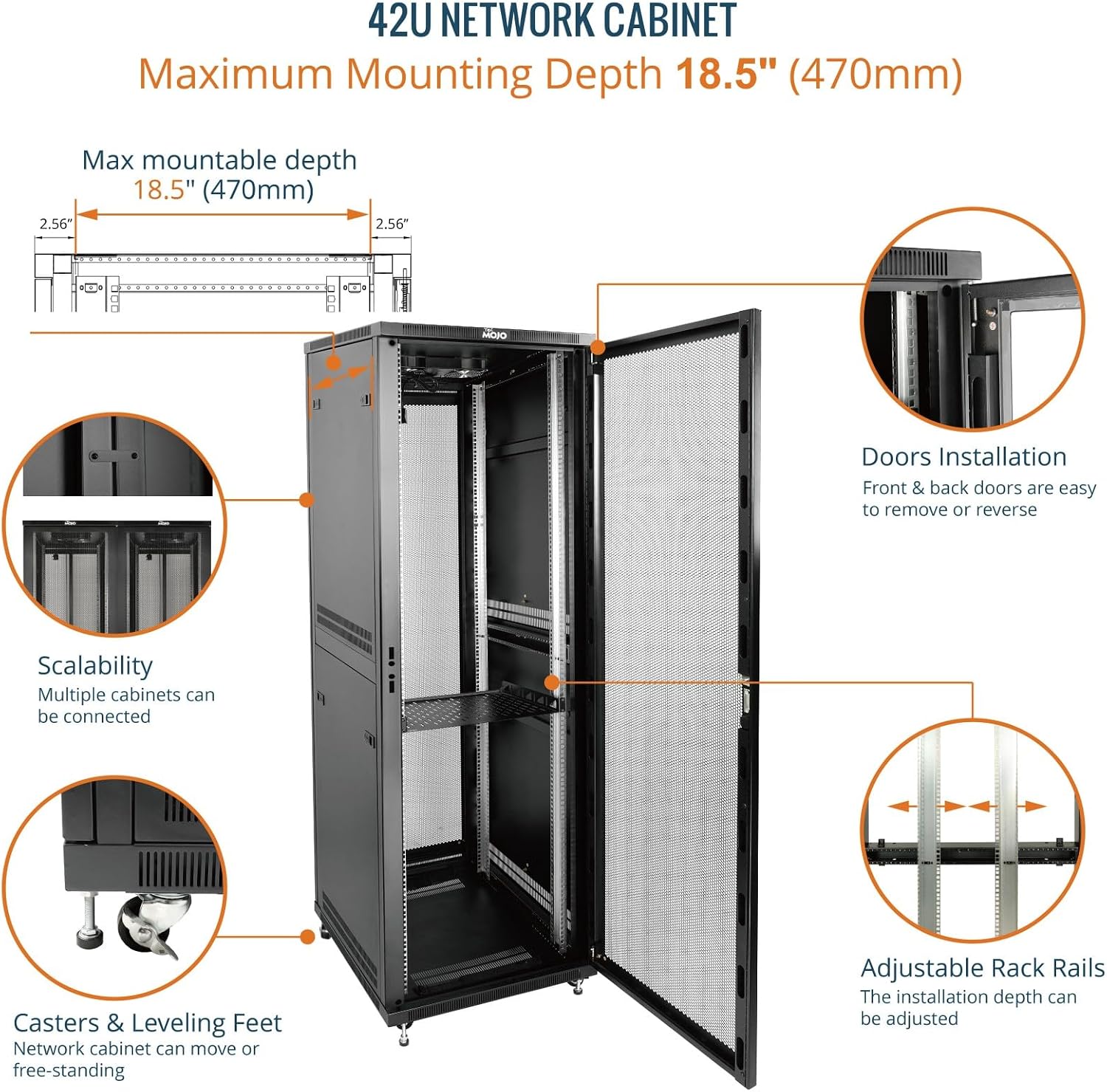Tecmojo 27U 600 * 600mm 4 Post Free Standing Network Cabinet Data Server Rack, Lockable Glass Door, with Cantilevel Shelf Casters and feets, Disassembled Flat package