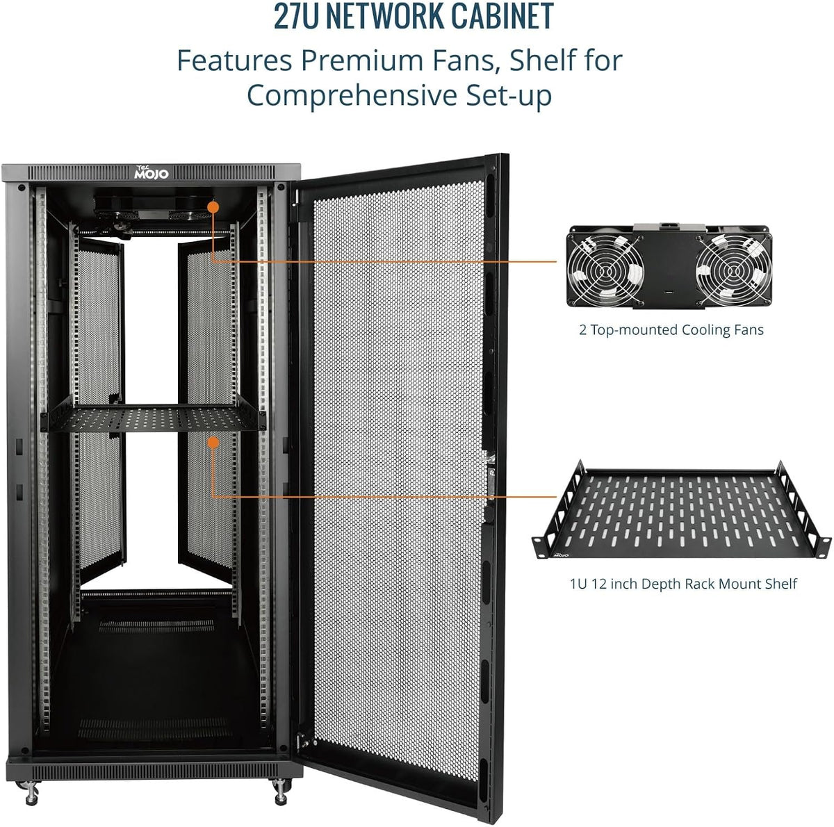 Tecmojo 27U 600 * 600mm 4 Post Free Standing Network Cabinet Data Server Rack, Lockable Glass Door, with Cantilevel Shelf Casters and feets, Disassembled Flat package