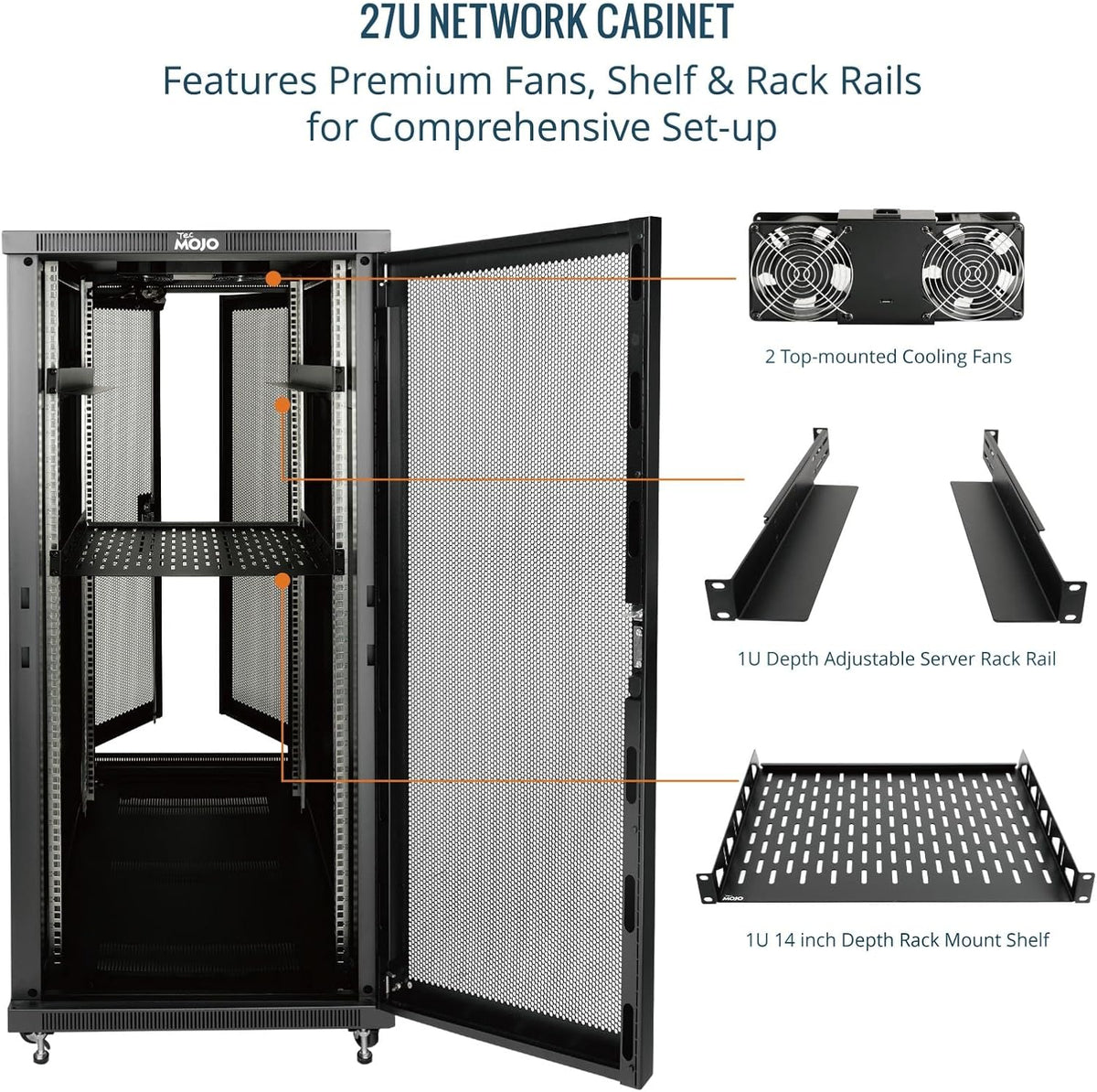Tecmojo 27U 600 * 600mm 4 Post Free Standing Network Cabinet Data Server Rack, Lockable Glass Door, with Cantilevel Shelf Casters and feets, Disassembled Flat package