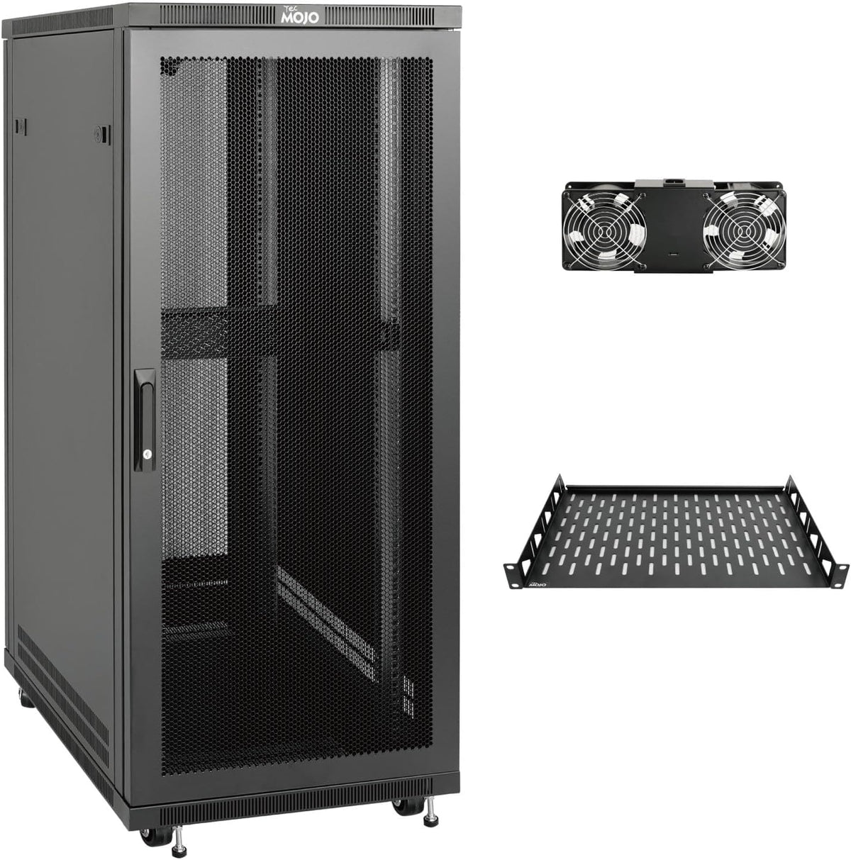 Tecmojo 27U 600 * 600mm 4 Post Free Standing Network Cabinet Data Server Rack, Lockable Glass Door, with Cantilevel Shelf Casters and feets, Disassembled Flat package