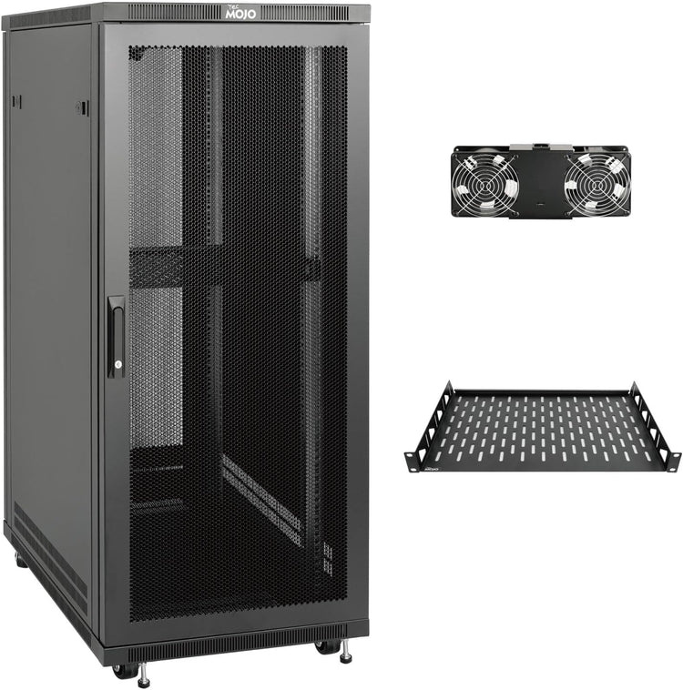Tecmojo 27U 600 * 600mm 4 Post Free Standing Network Cabinet Data Server Rack, Lockable Glass Door, with Cantilevel Shelf Casters and feets, Disassembled Flat package