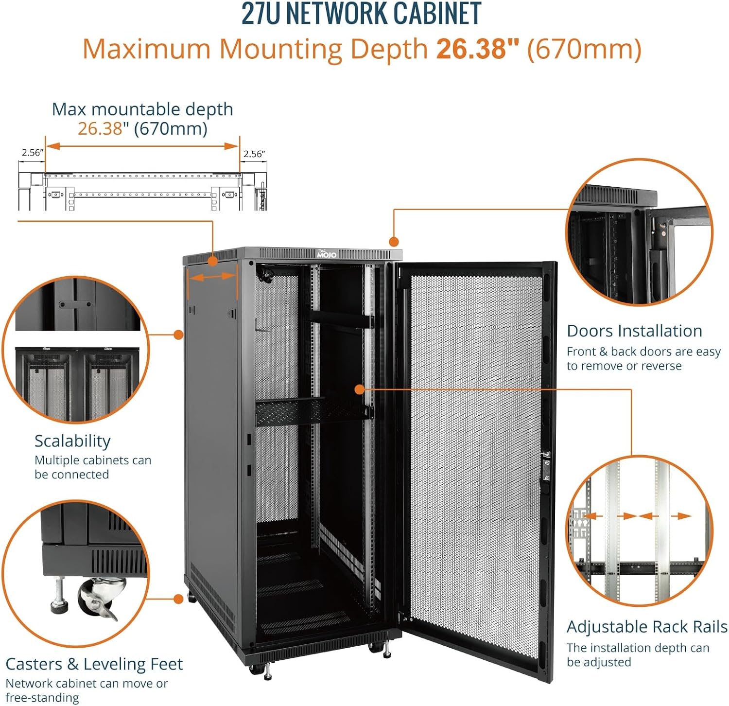 Tecmojo 27U 600 * 600mm 4 Post Free Standing Network Cabinet Data Server Rack, Lockable Glass Door, with Cantilevel Shelf Casters and feets, Disassembled Flat package