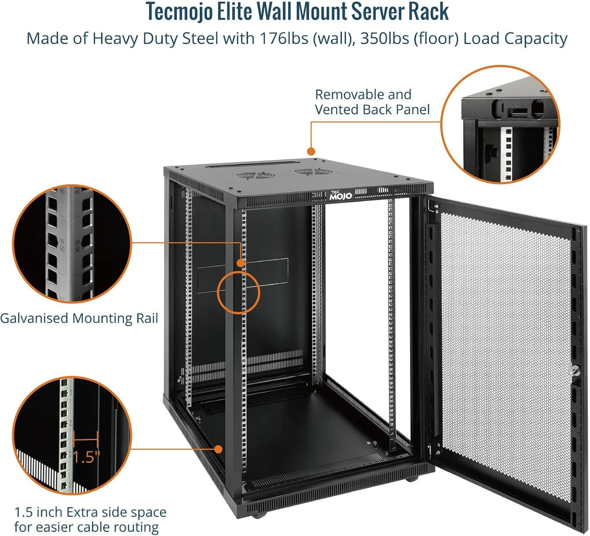 Tecmojo 12U 600mm Depth Wall Mount Server Cabinet, IT Network Rack Enclosure Lockable Door and Side Panels Black, Glass Door, for 19” IT Equipment, A/V Devices