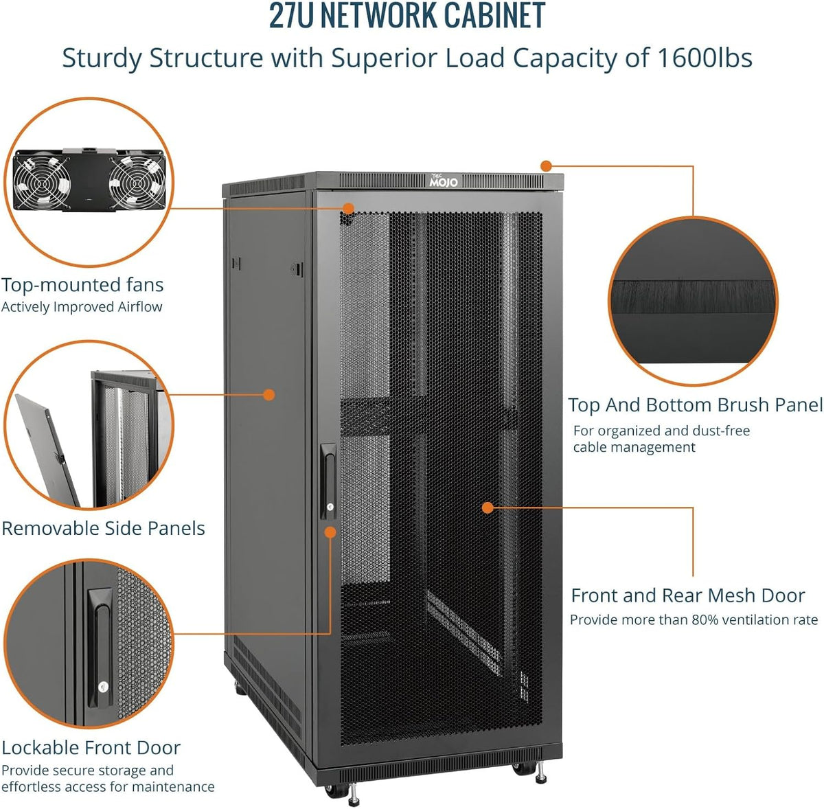 Tecmojo 27U 600 * 600mm 4 Post Free Standing Network Cabinet Data Server Rack, Lockable Glass Door, with Cantilevel Shelf Casters and feets, Disassembled Flat package
