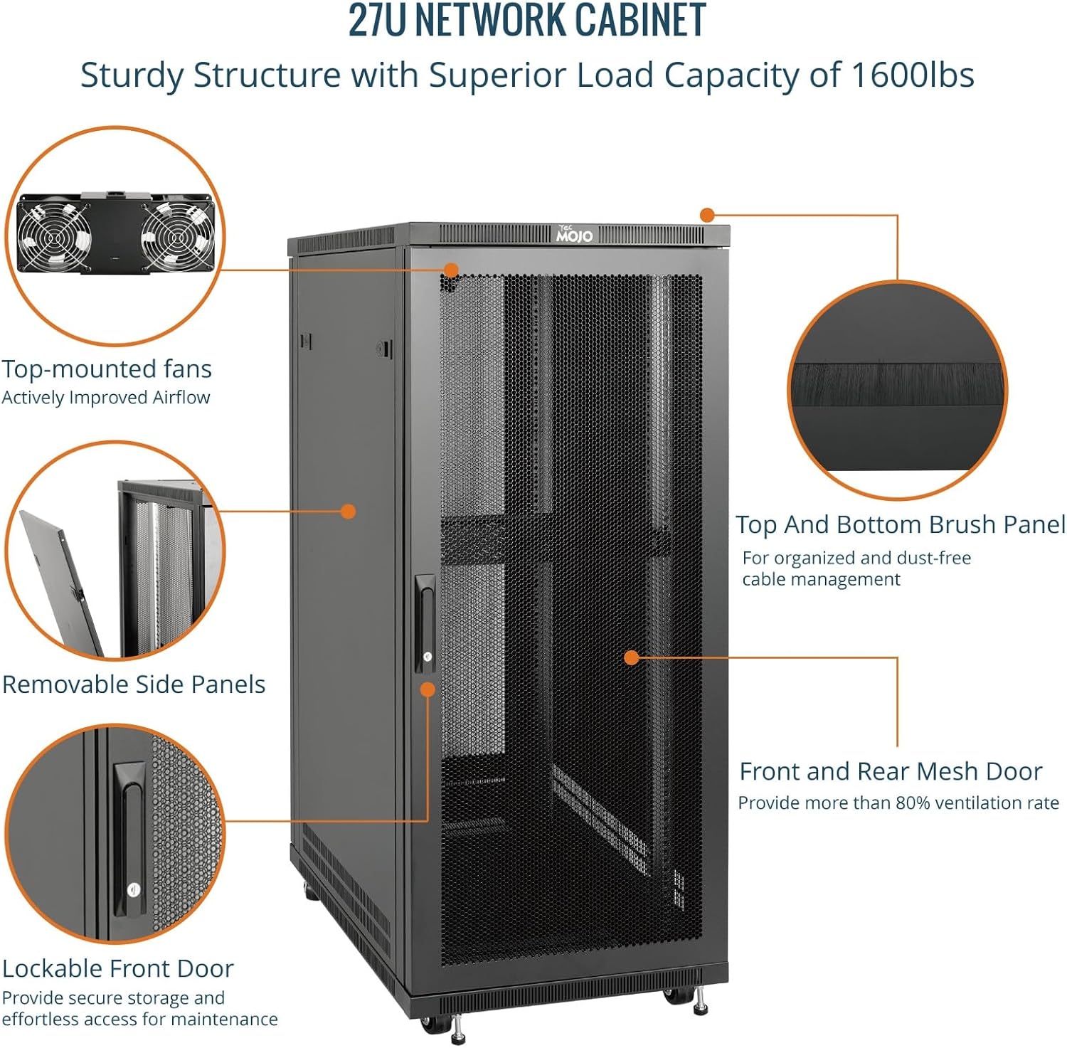 Tecmojo 27U 600 * 600mm 4 Post Free Standing Network Cabinet Data Server Rack, Lockable Glass Door, with Cantilevel Shelf Casters and feets, Disassembled Flat package