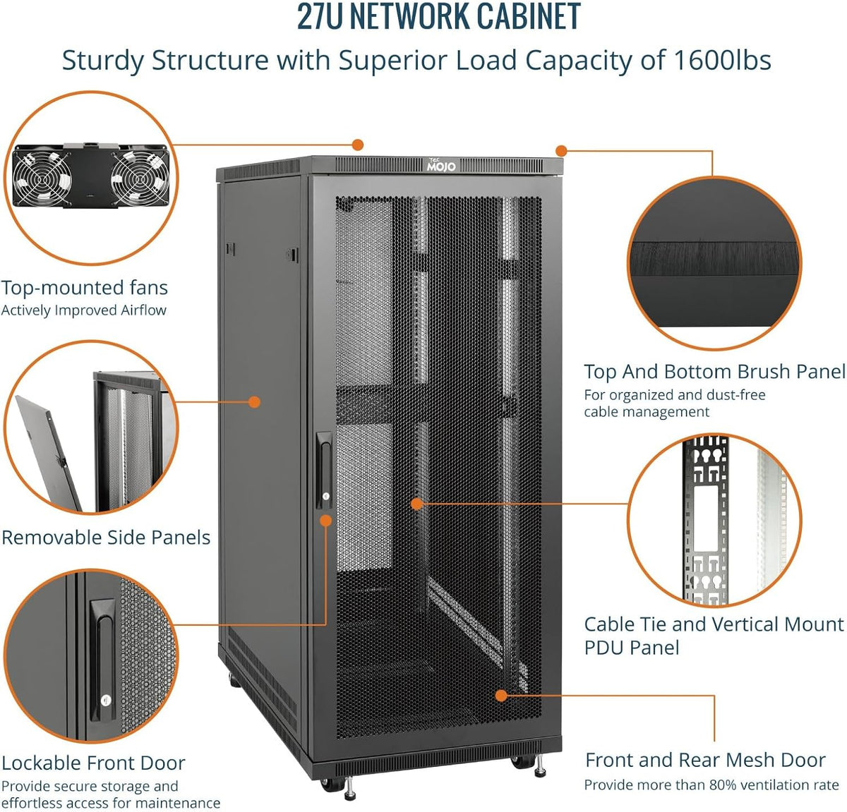 Tecmojo 27U 600 * 600mm 4 Post Free Standing Network Cabinet Data Server Rack, Lockable Glass Door, with Cantilevel Shelf Casters and feets, Disassembled Flat package
