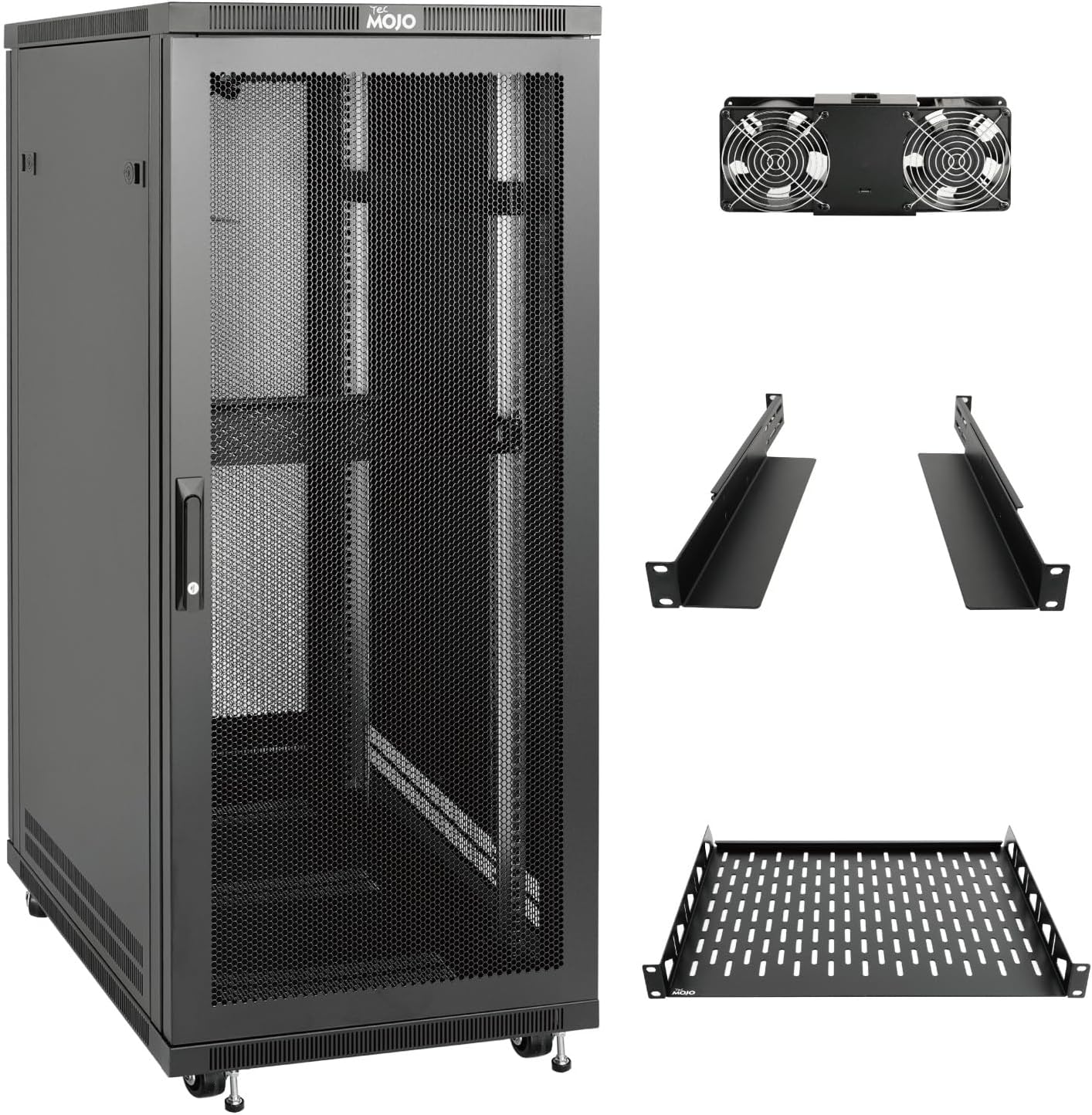 Tecmojo 27U 600 * 600mm 4 Post Free Standing Network Cabinet Data Server Rack, Lockable Glass Door, with Cantilevel Shelf Casters and feets, Disassembled Flat package