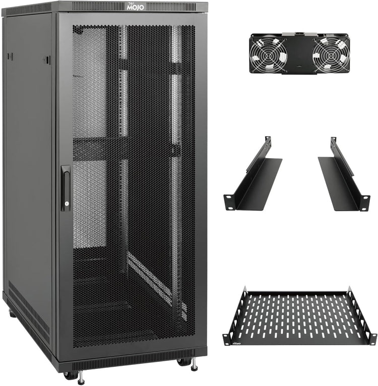 Tecmojo 27U 600 * 600mm 4 Post Free Standing Network Cabinet Data Server Rack, Lockable Glass Door, with Cantilevel Shelf Casters and feets, Disassembled Flat package