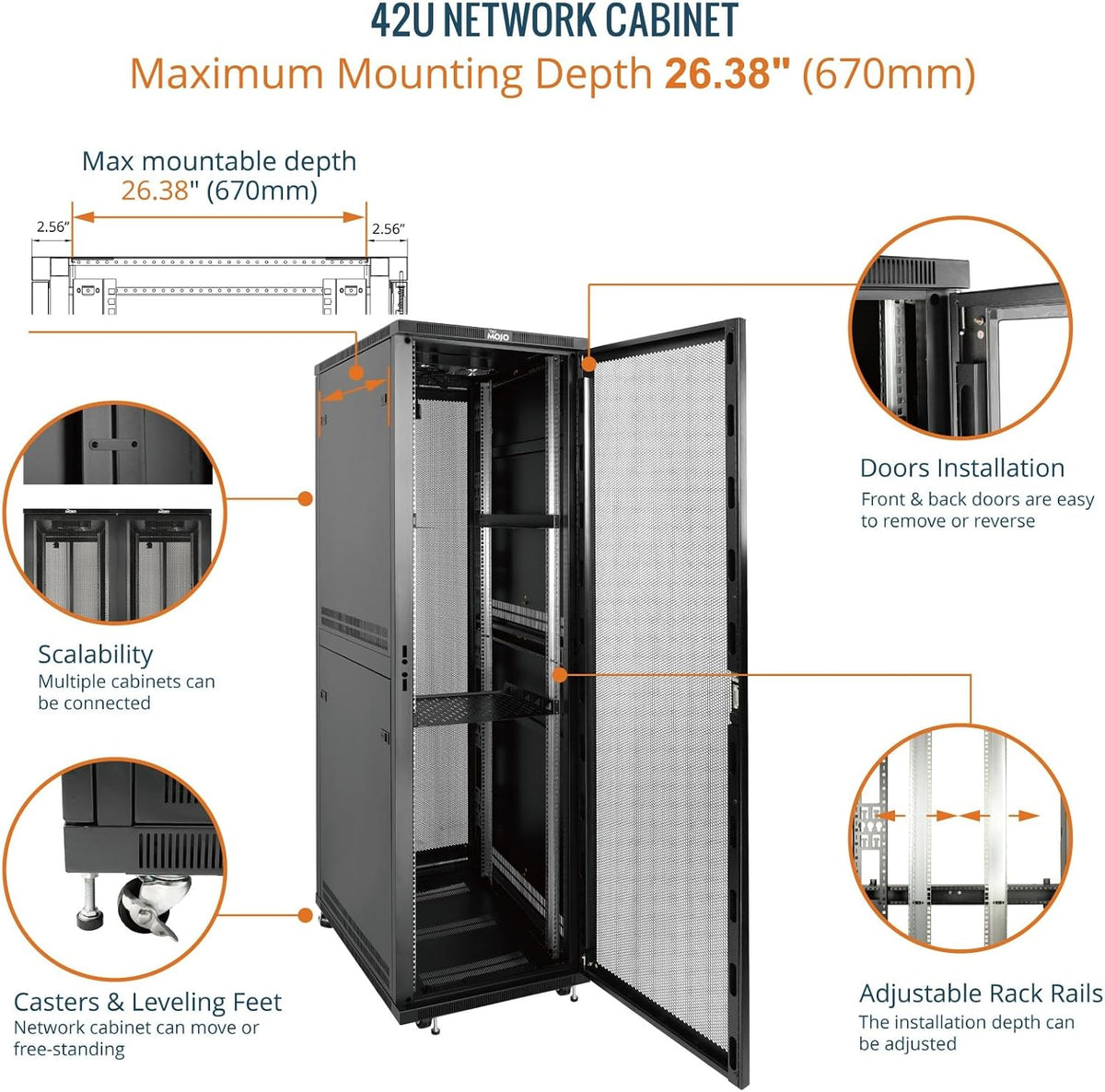 Tecmojo 27U 600 * 600mm 4 Post Free Standing Network Cabinet Data Server Rack, Lockable Glass Door, with Cantilevel Shelf Casters and feets, Disassembled Flat package