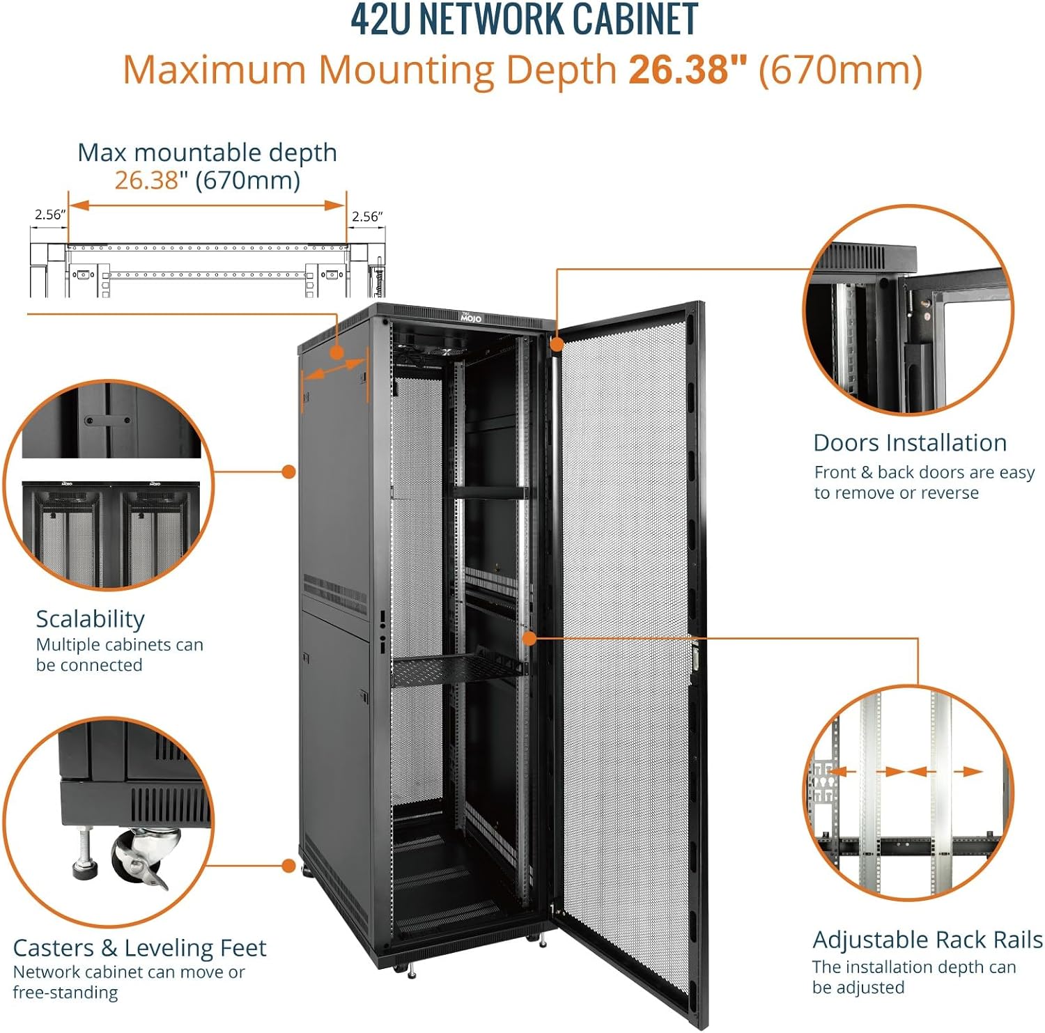 Tecmojo 27U 600 * 600mm 4 Post Free Standing Network Cabinet Data Server Rack, Lockable Glass Door, with Cantilevel Shelf Casters and feets, Disassembled Flat package