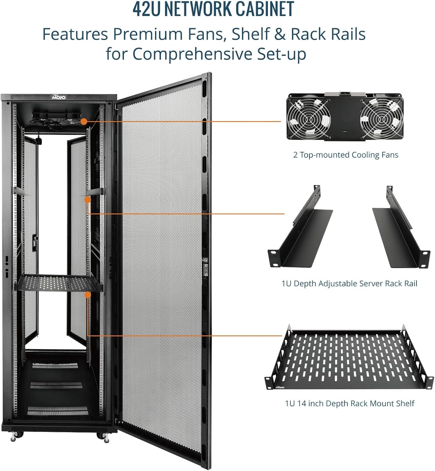 Tecmojo 27U 600 * 600mm 4 Post Free Standing Network Cabinet Data Server Rack, Lockable Glass Door, with Cantilevel Shelf Casters and feets, Disassembled Flat package