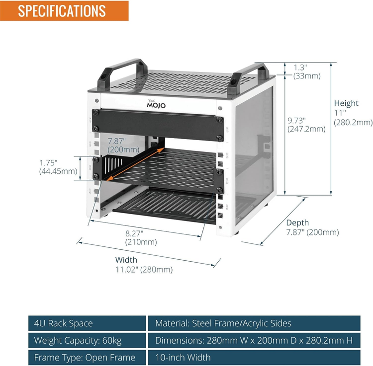Tecmojo 10 inch 4U 200mm depth Desktop Mini Rack with SBC Shelf, Micro HDMl to HDMI Adapter Board, Blank Panel, for 10 Inch AV, NAS and Server Equipment