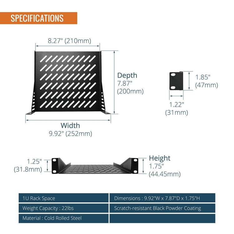 Tecmojo 1U Server Rack Shelf, 10 inch Rack Shelf 200mm Depth Vented Cantilever Tray, Metal Shelf for 10 inch Server & Network Cabinet, Weight Capacity 10 kg, Black