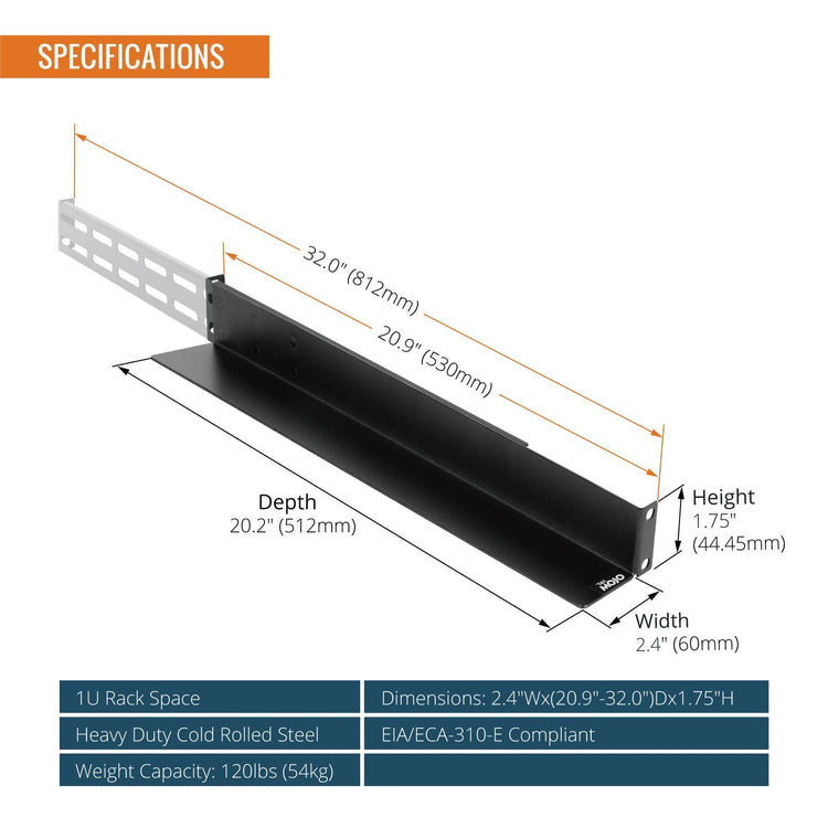 Tecmojo 1U Server Rack Rails, 4-Post Rack Shelf for Server/UPS, Rack Mount Shelf with Adjustable Depth 20.9-32in(53-81.2cm), 120lbs(54kg) Capacity