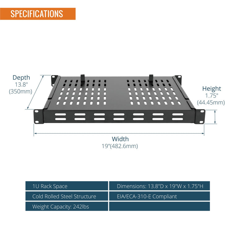 Tecmojo 1U Adjustable Vented Server Rack Mount Shelf - 13.8" (350mm) -23.6" (600mm) Depth, Supports up to 242 lbs - Universal Tray for 19" AV/Network Equipment