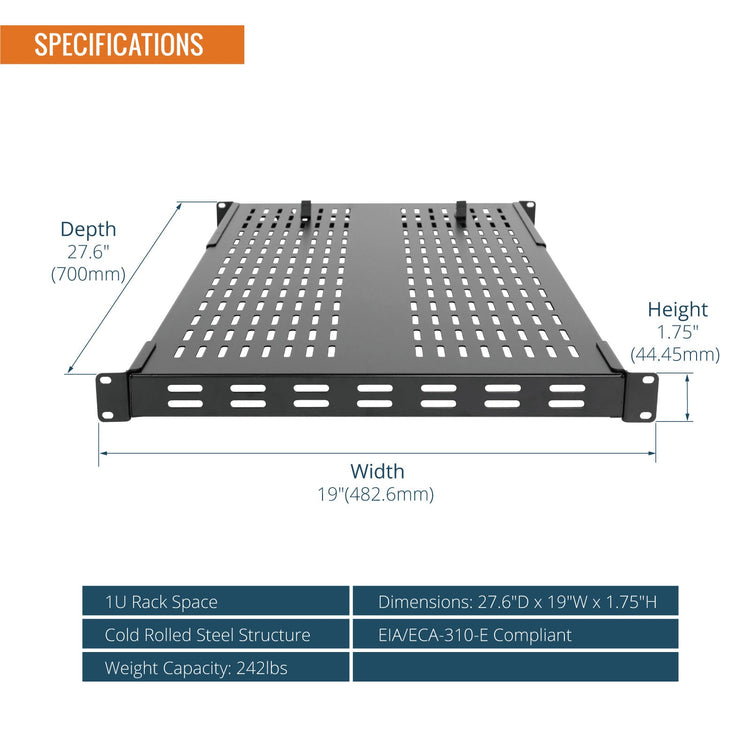 Tecmojo 1U Adjustable Vented Server Rack Mount Shelf - 19.5" (495mm) -37.4" (950mm) Depth, Supports up to 242 lbs - Universal Tray for 19" AV/Network Equipment