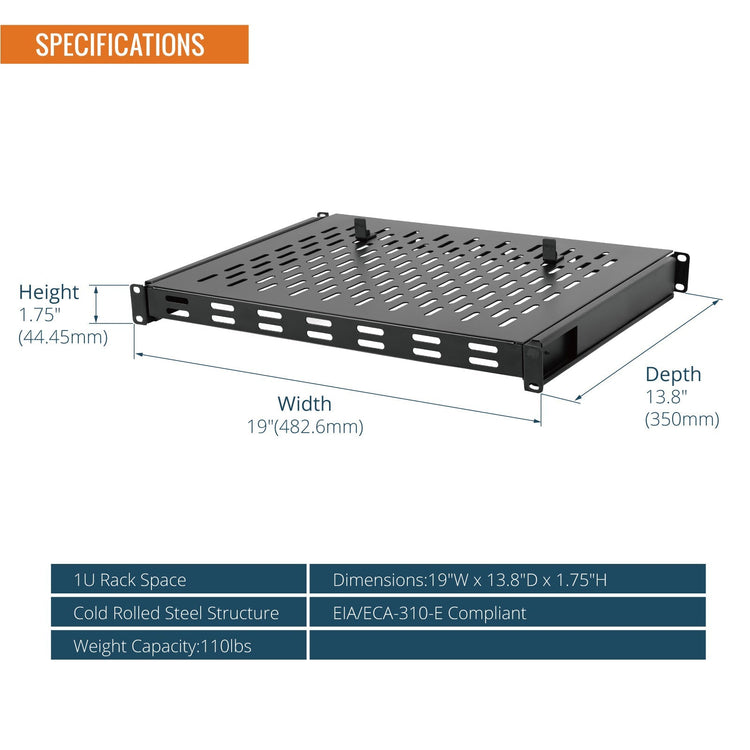 Tecmojo 1U 4-Post Server Rack and Network Rack Sliding Shelf Adjustable Depth 350mm-500mm with M6 Screws and Anti-slip stop