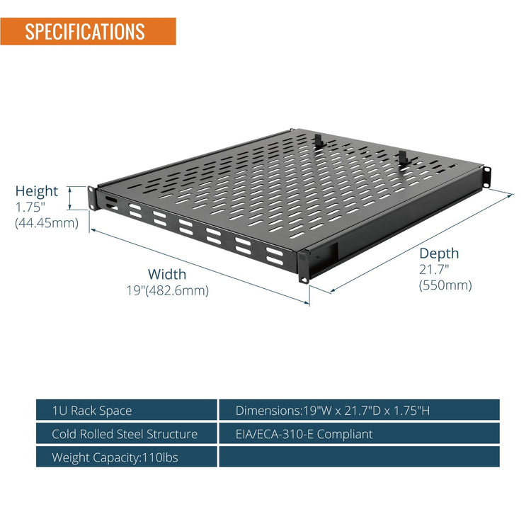 Tecmojo 1U 4-Post Server Rack and Network Rack Sliding Shelf Adjustable Depth 550mm-900mm with M6 Screws and Anti-slip stop