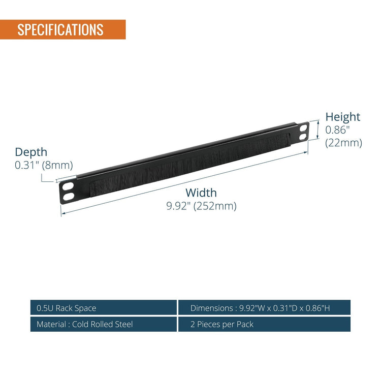 Tecmojo 0.5U Cable Management Brush Panel for 10" Width Server Rack, Rack Mount Cable Organizer for Network Cabinet, Black (2 Pack)