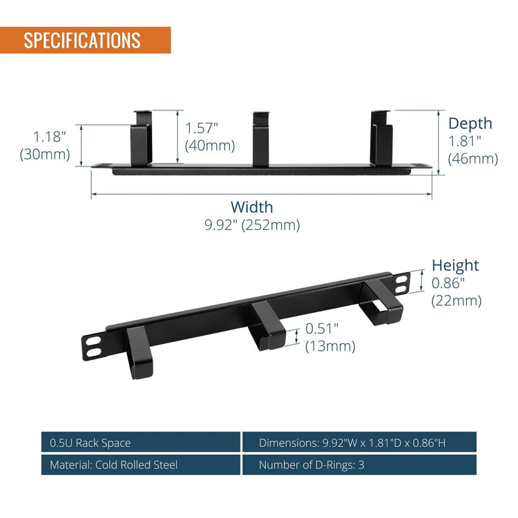 Tecmojo 0.5U Horizontal Cable Manager with 3 D-Rings, Metal Rackmount Cable Organizer for 10" Width Server Rack & Network Cabinet, Black (2 Pack)