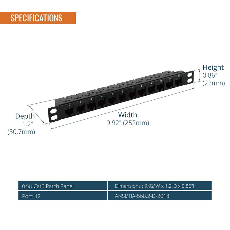 Tecmojo 12-Port Cat6 Patch Panel, 0.5U Rack Mount Modular Panel with Keystone Coupler, for 10" Width Server Rack & Network Cabinet, Gigabit Ethernet, Black
