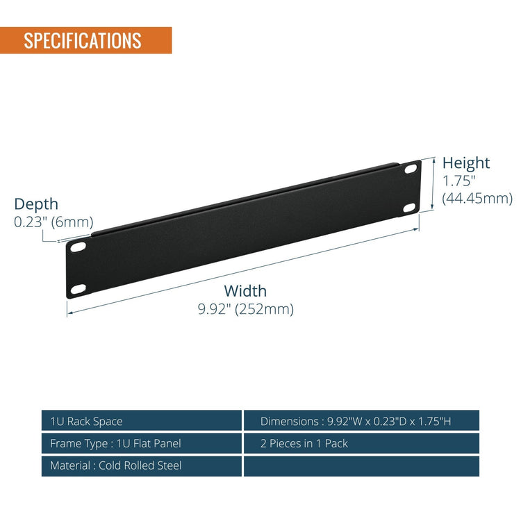 Tecmojo 1U Blank Rack Mount Panel, Steel Patch Panel Filler for 10" Width Server Rack, Network Cabinet, Data Center, Home Labs, Black (2 Pack)